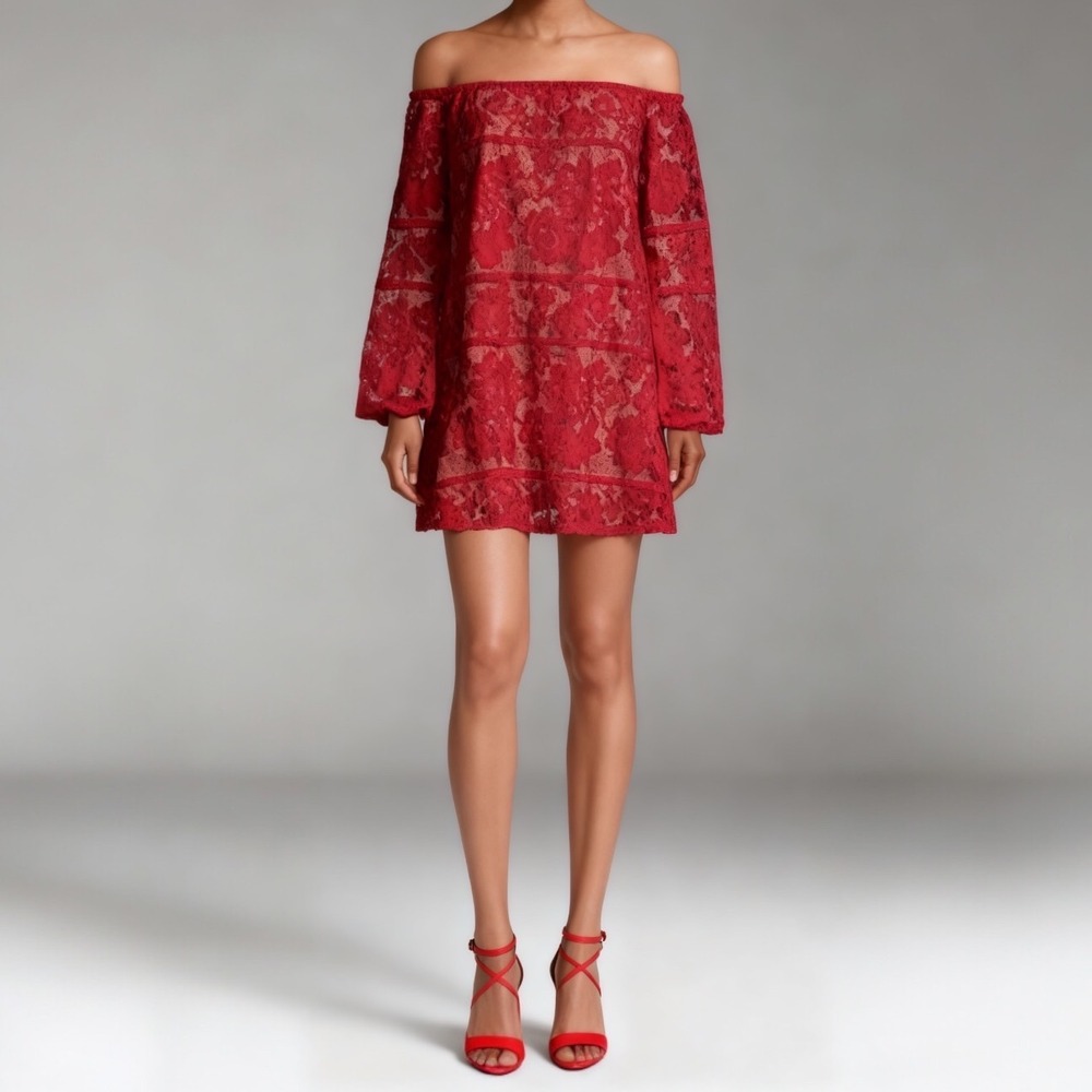 For Love and Lemons Lace Off the Shoulder Mini Dress Balloon Sleeve NEW Red sz S